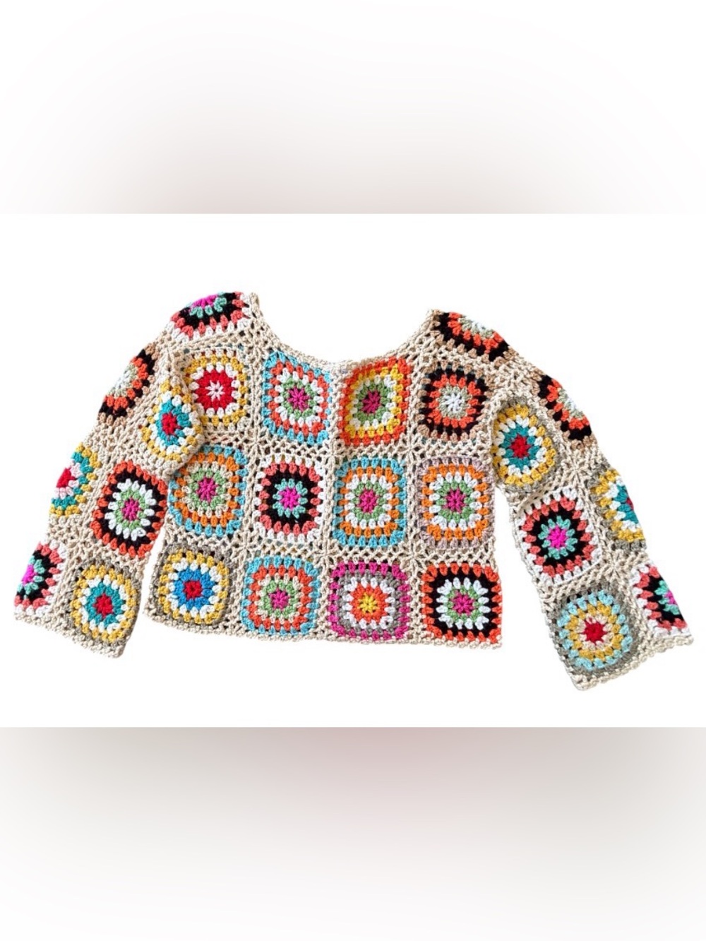 Handmade Multicolor Crochet Granny Square Sweater - Cream Base XS/S